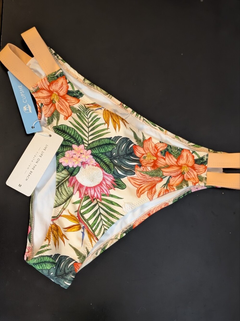 Cupshe Cream Tropical Floral Bikini Bottom with Peach Straps
